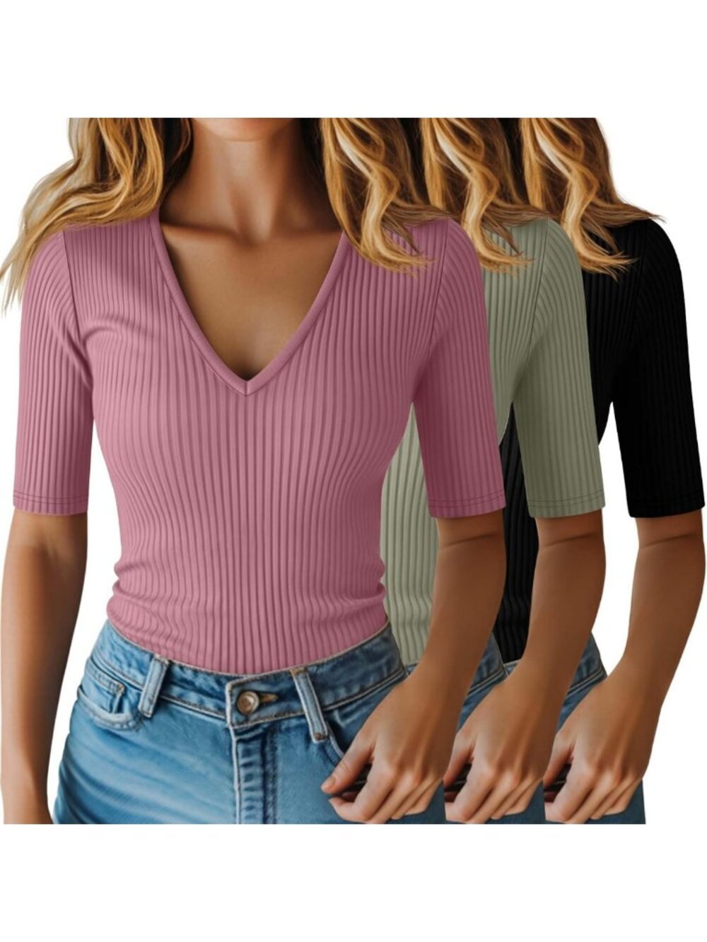 3 Pack Women's Ribbed Half Sleeve V-Neck Tops - Casual & Stylish Essentials